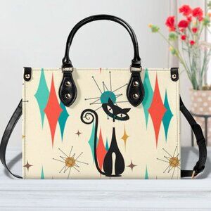 HUGE Atomic Kitty Mid-Century Modern Style Classic Cool PU (Vegan) Leather Tote